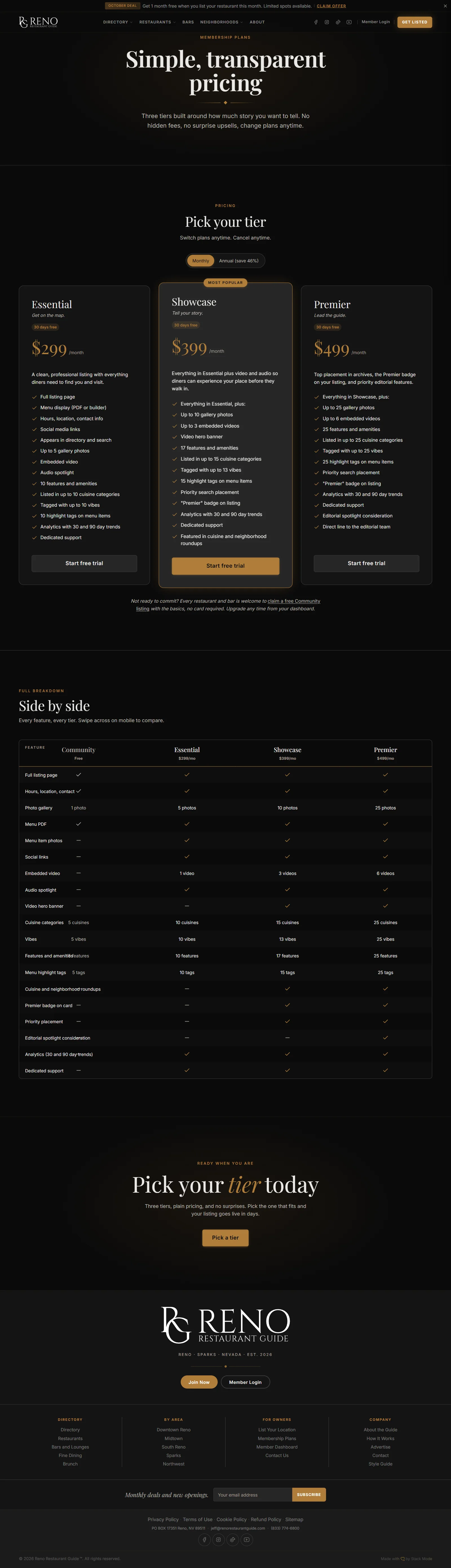 Reno Restaurant Guide pricing page