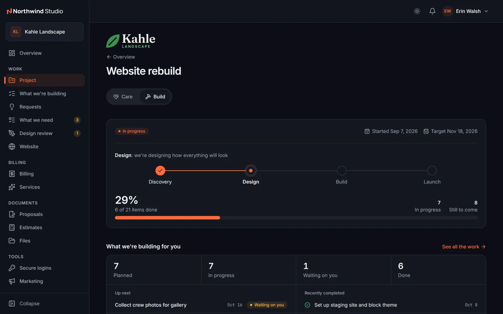 The Stack Mode client portal showing project progress, files and a balance to pay