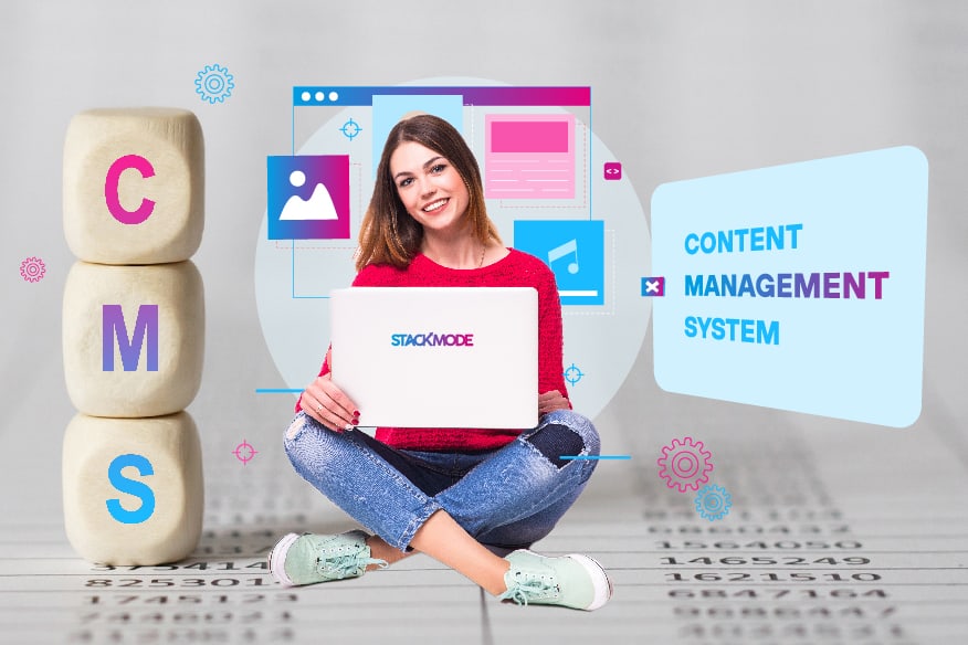 A woman sitting in front of a laptop with the words content management system.