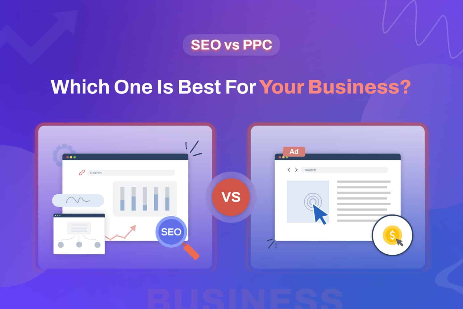 1. SEO vs PPC digital marketing comparison illustration showing SEO search engine optimization on left and PPC paid advertising on right, with icons representing online business strategies.