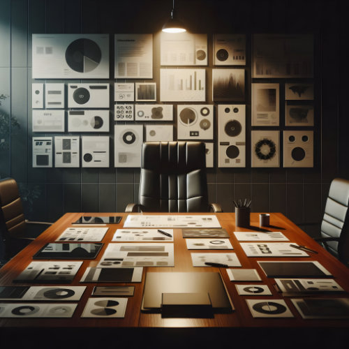 High-resolution image of a modern conference room featuring marketing data charts and analytics displayed on the wall, with a wooden table, documents, and office chairs, ideal for marketing and business strategy presentations.