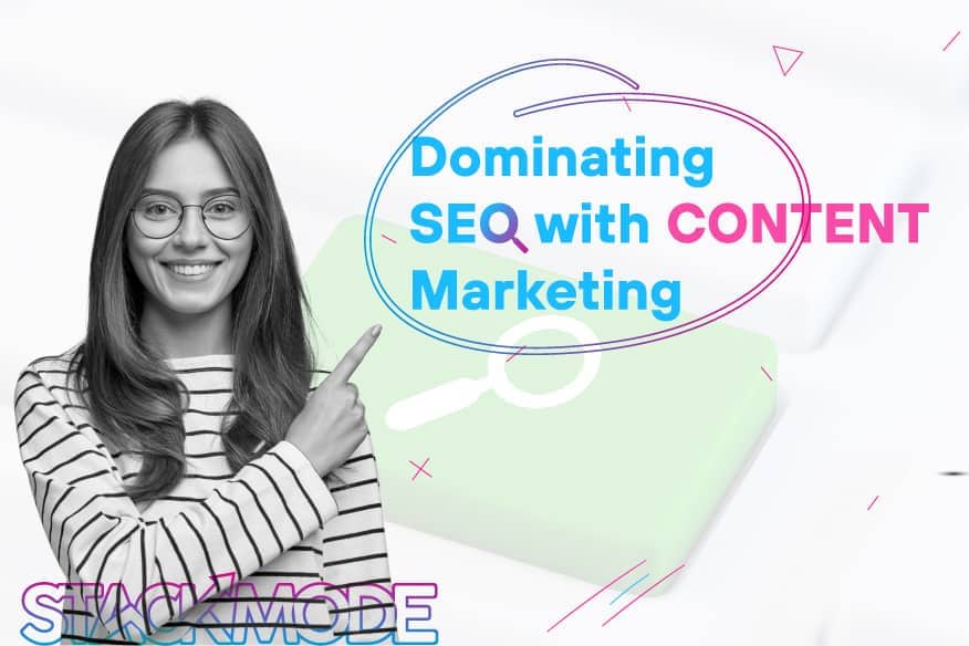 SEO-friendly ALT text: Female marketing professional pointing to content marketing and SEO text in a modern digital marketing workspace.