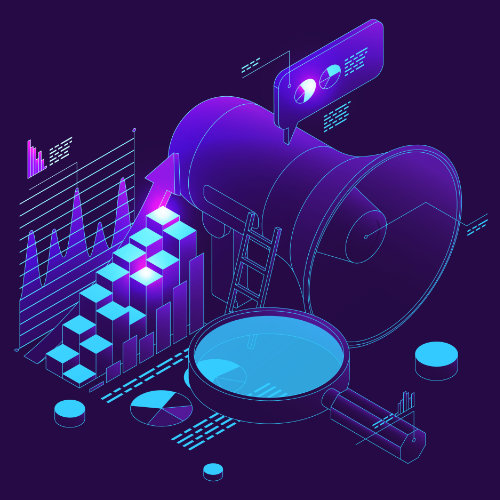 A digital marketing illustration featuring a megaphone, data graphs, and analytics icons, highlighting marketing strategies, digital advertising, and data analysis.