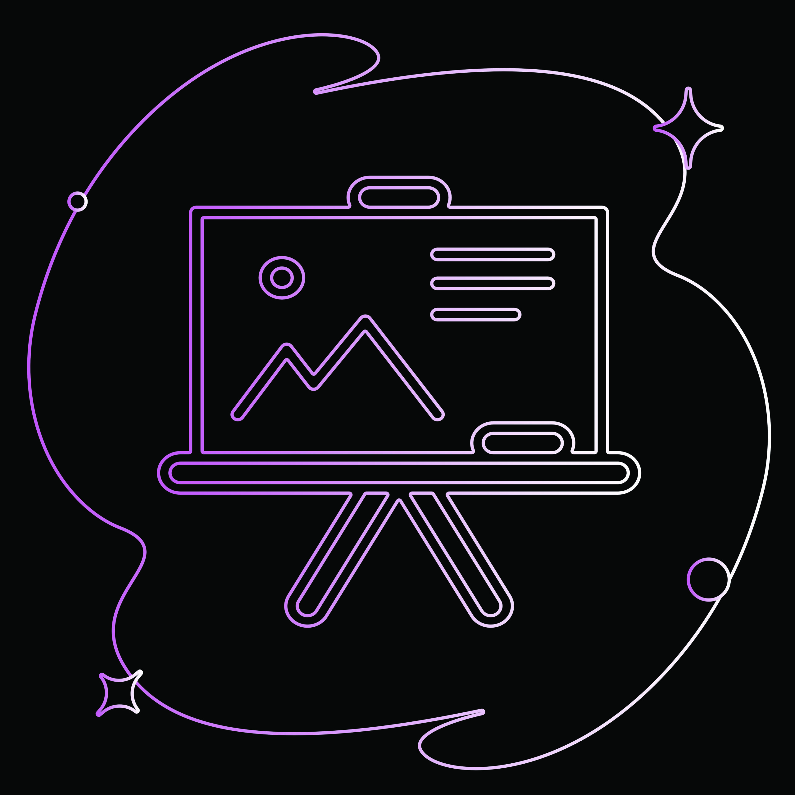 AI-generated neon outline of a presentation board with a mountain graph, on black background demonstrating digital marketing and data visualization.