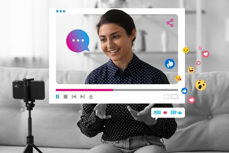 High-quality woman recording a video for social media content creation on a smartphone, with digital icons representing engagement and interaction, emphasizing social media marketing strategies.