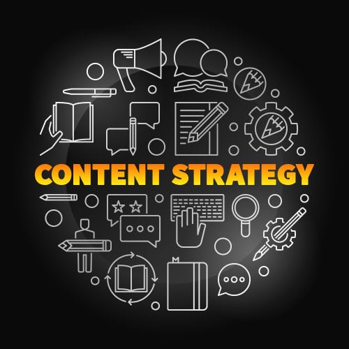 1. Content strategy concept with icons of communication, planning, and analytics for digital marketing success.