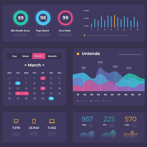 1. Dashboard displaying SEO health score, page speed, and core vitals metrics with colorful, modern interface for digital marketing analysis.