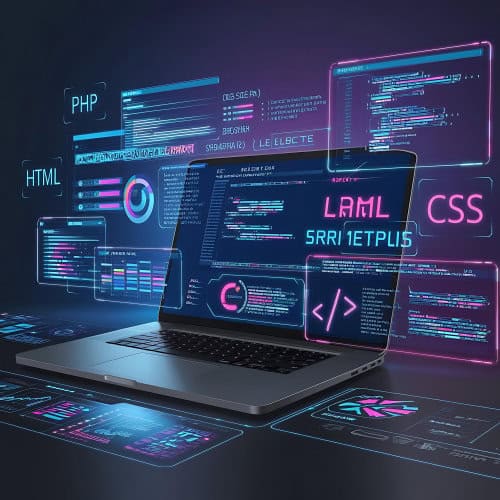 1. Futuristic digital coding and web development concept with programming languages like PHP, HTML, CSS, and LAML displayed on holographic screens.