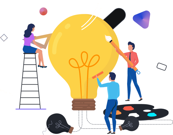 Innovative team collaborating on a creative lightbulb concept for marketing solutions, emphasizing teamwork and innovation in digital marketing strategy.
