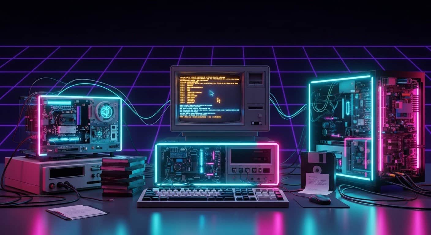 Neon-lit vintage computer setup with circuit boards, floppy disks, and CRT monitor showcasing retro tech and computing history.