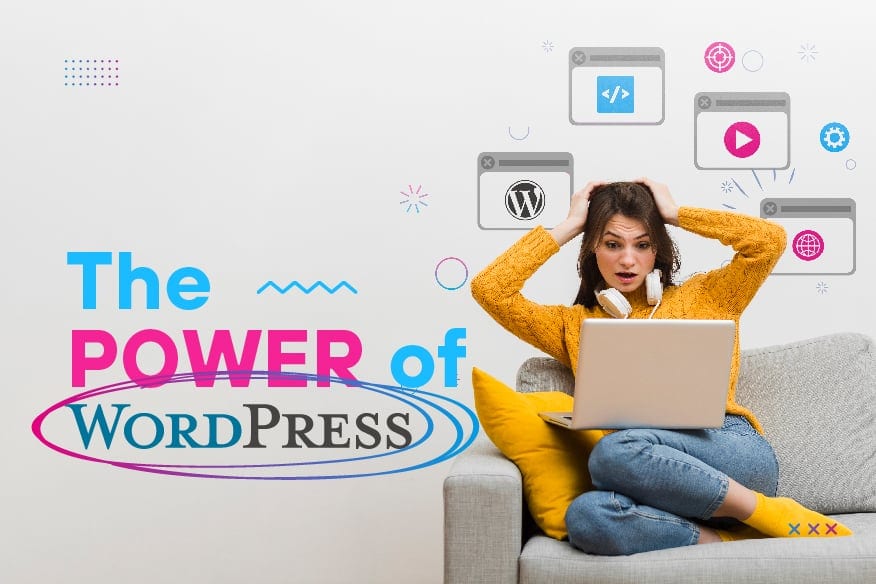 SEO-friendly Alt text: Young woman using a laptop with WordPress icons, representing website development, content management, and digital marketing optimization.
