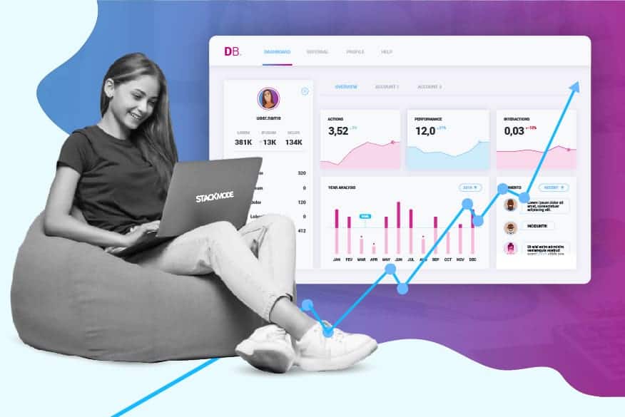 Businesswoman using laptop with digital marketing analytics dashboard, representing SEO, data analysis, and marketing growth strategies.