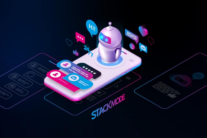 AI chatbot interacting with mobile app interface for digital marketing solutions.