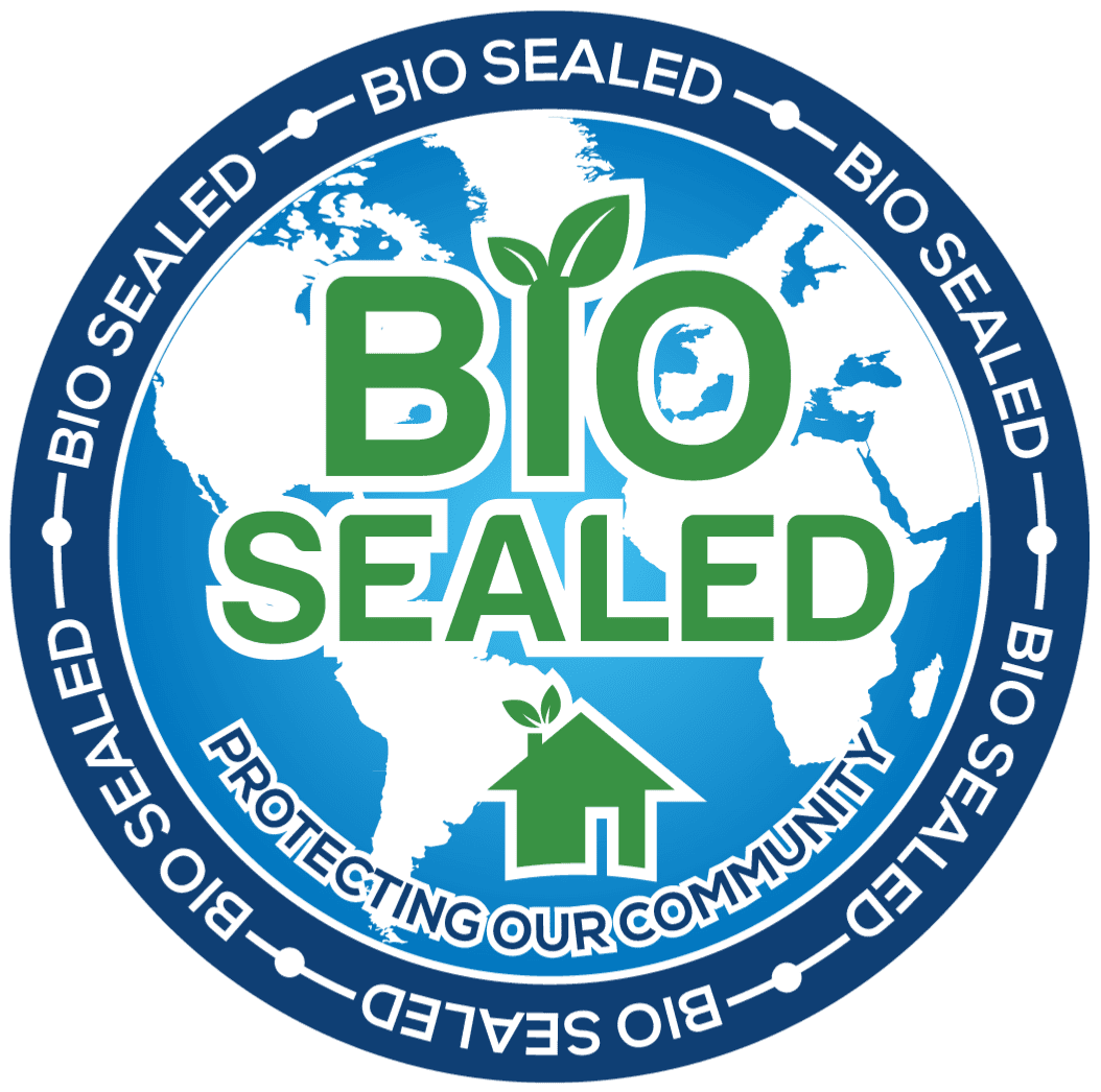 Bio sealed certification logo for eco-friendly products, featuring a green leaf and house icon on a world map background, emphasizing sustainability and environmental protection.