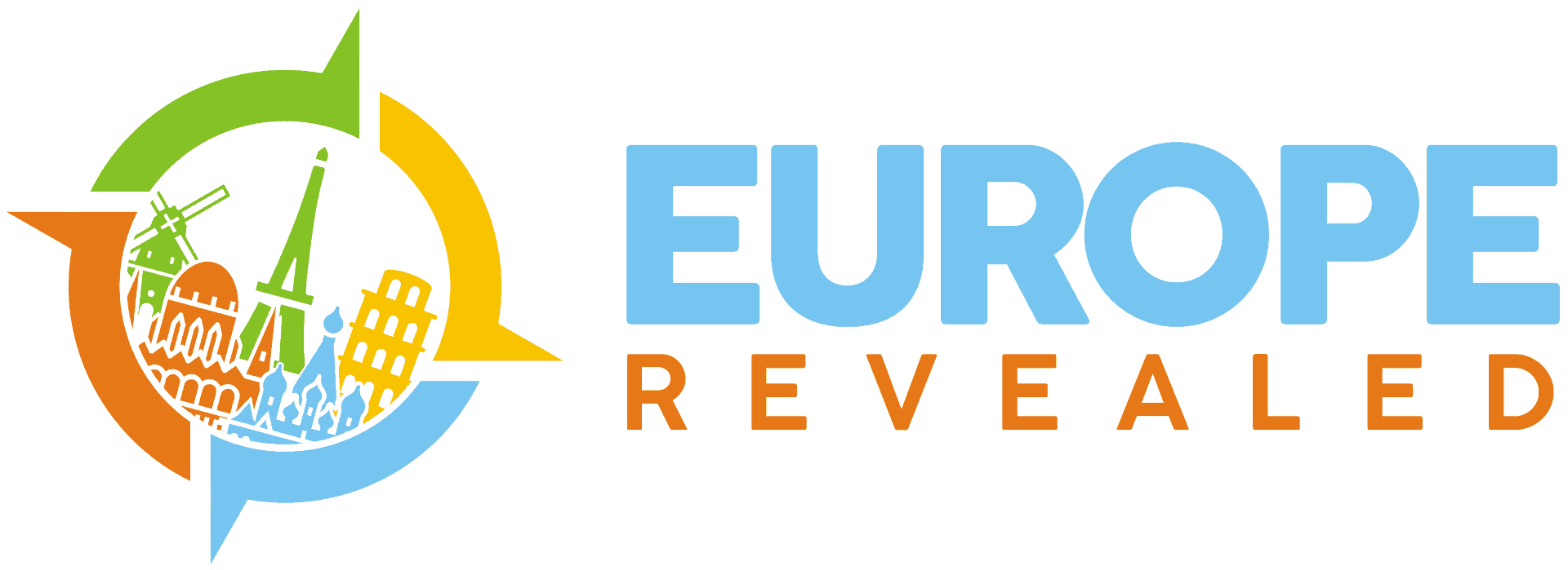 Colorful illustration of European landmarks representing Europe Reveal campaign, featuring a compass and iconic structures.