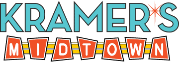 Kramer's midtown marketing group logo featuring bold turquoise and orange text with a starburst design, emphasizing branding and marketing services in midtown Manhattan, NYC.