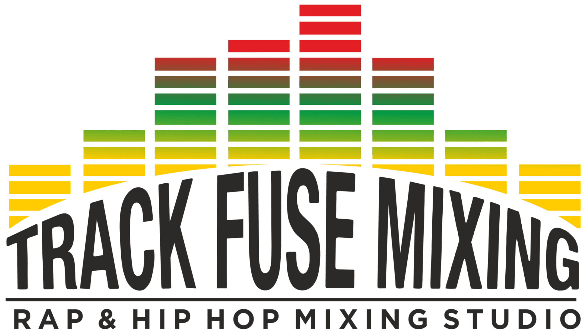 Dynamic sound wave graphic with colorful equalizer levels, representing professional music production and audio mixing services for rap and hip hop.