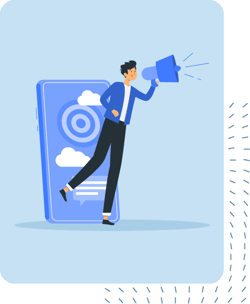 A business professional using a megaphone to promote voice marketing strategies with a target board on a smartphone screen.