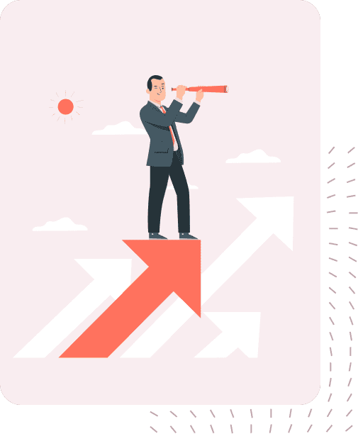 A business professional standing on an upward arrow, symbolizing growth and success, using a telescope to look ahead. The illustration highlights strategic planning and forward-thinking in marketing and business development.