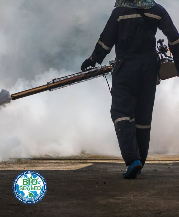 Bio sealed pest control technician using fumigation equipment to eliminate pests and insects.