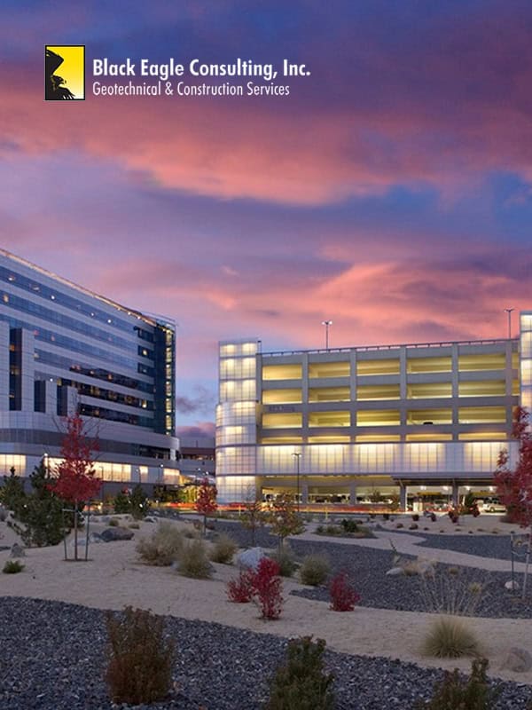 Black Eagle Consulting, Inc. geotechnical and construction services office building at sunset with modern architecture and landscaped outdoor area.