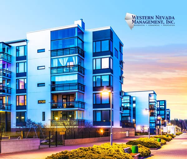 Modern residential apartment complex in Western Nevada with contemporary architecture and scenic sunset views.