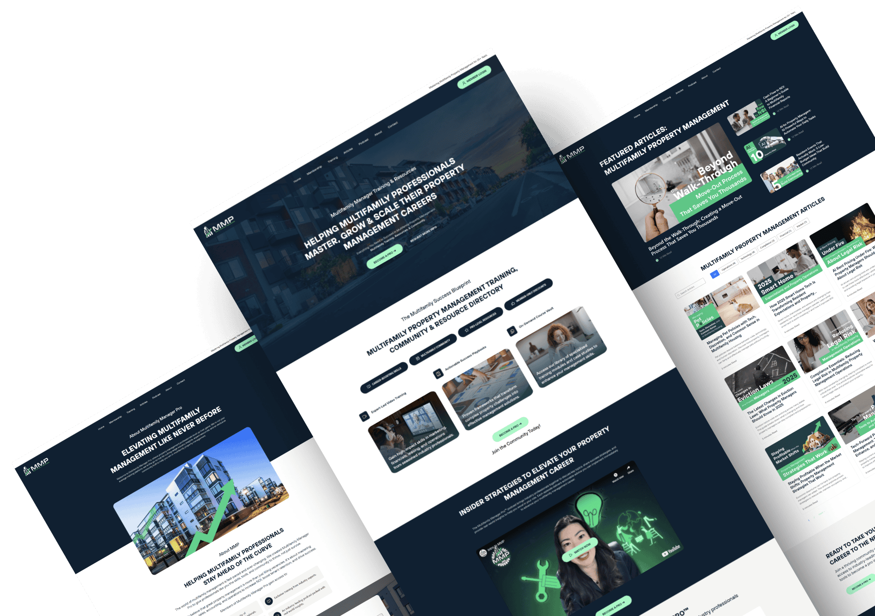 Multifamily property management website with training, articles, community resources, and career guidance for real estate professionals.
