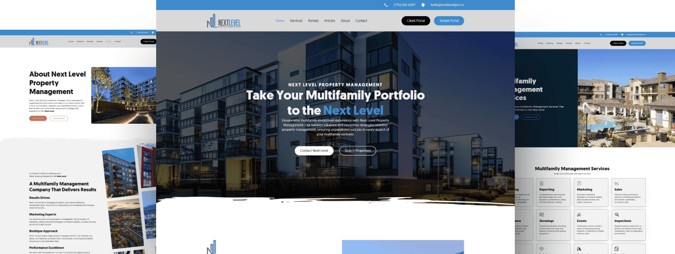 Modern multifamily real estate property management website with responsive design and innovative solutions.