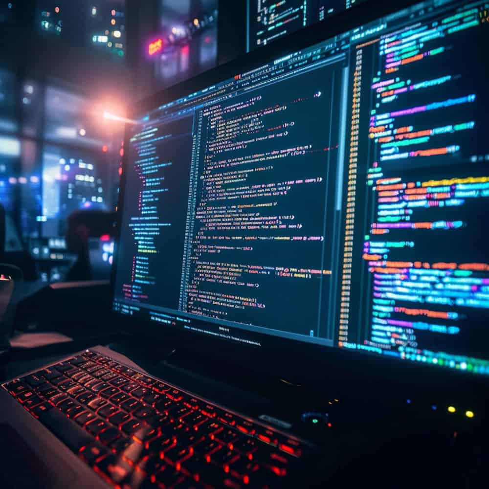 Code programming on computer screen with colorful syntax highlighting at night, software development, cybersecurity, coding, technology innovation, digital security, programming languages, IT solutions, software engineering, tech industry focus, high-tech environment, programming work station, modern tech office.
