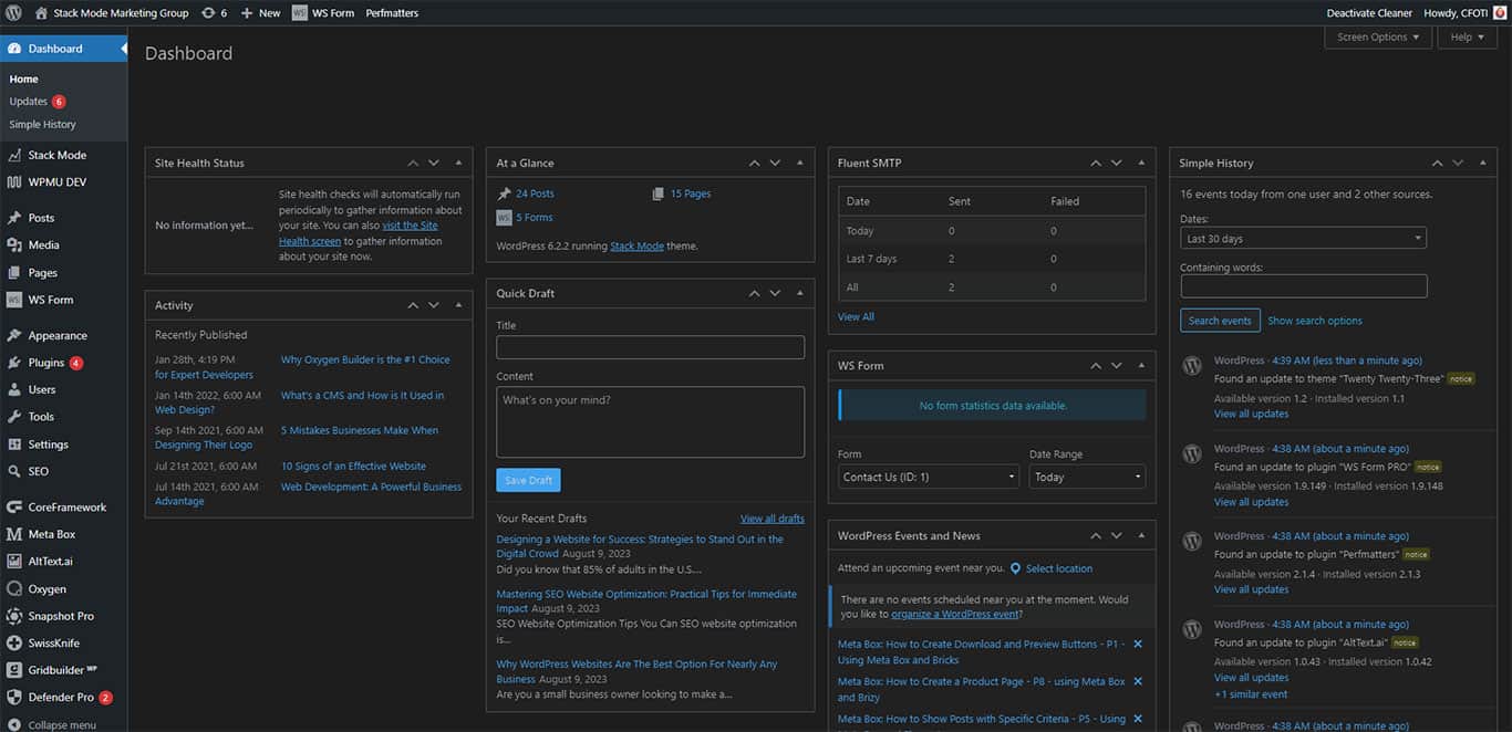 Stack Mode Marketing Group WordPress dashboard showing site maintenance and customization options.