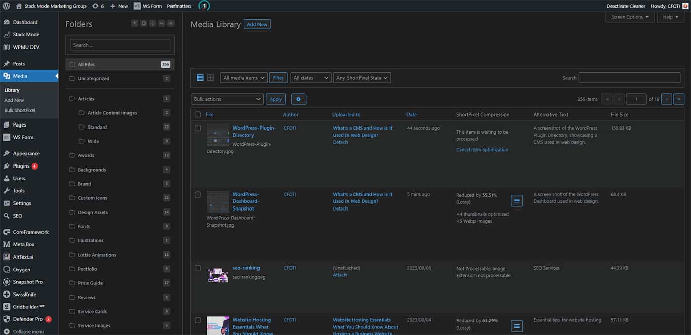 High-quality WordPress media library screenshot showing media files and folder organization for SEO optimization.