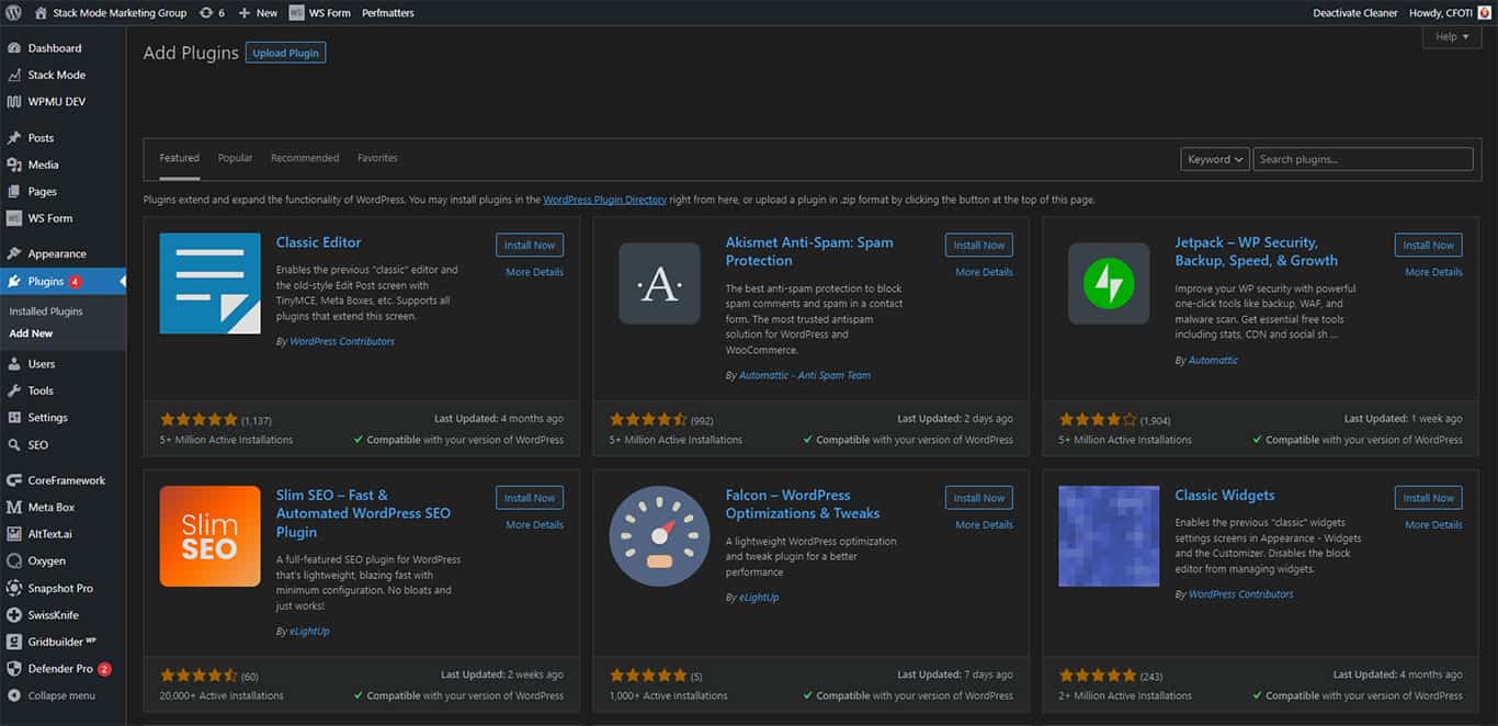 Custom WordPress plugins dashboard for Stack Mode Marketing Group, showcasing top SEO and website optimization plugins for enhanced site performance and security.