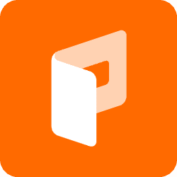 PowerPoint logo icon on an orange background, representing presentation software and digital marketing tools.