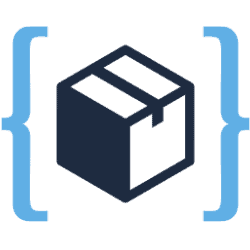 A 3D black box icon with blue curly brackets, representing packaging, logistics, or product solutions, suitable for business branding or marketing visuals.