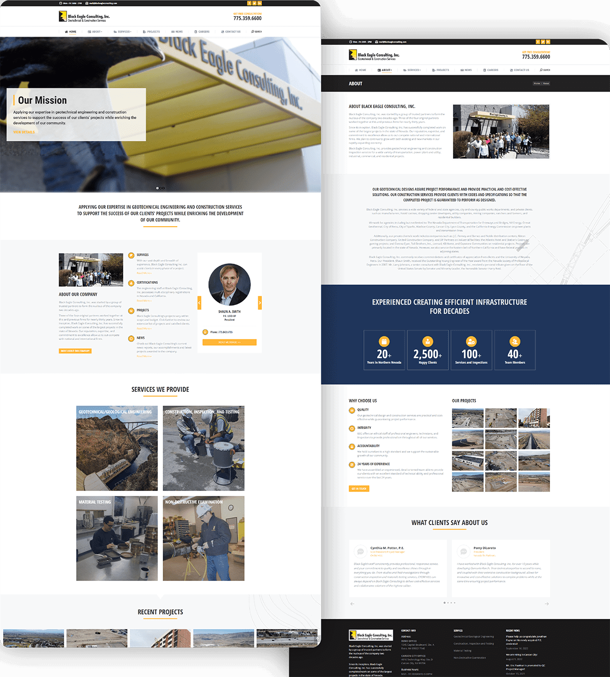 Geotechnical engineering construction company homepage with project showcases, team, and services for infrastructure development.