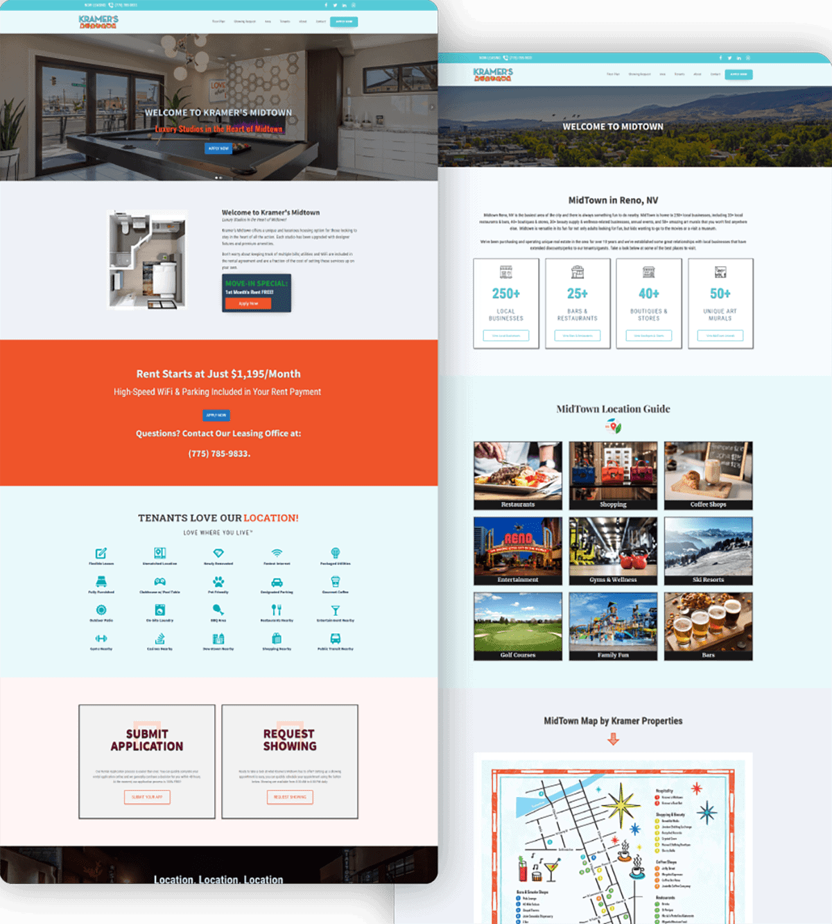 Modern Midtown Reno apartment complex digital marketing website design showcasing amenities, location, and local attractions for property promotion and tenant engagement.