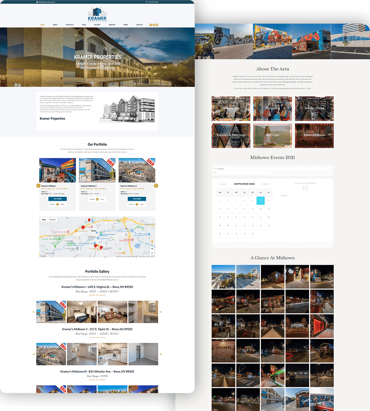 Modern real estate property listing website homepage showcasing apartments, commercial spaces, and neighborhood details for Sacramento, NV, with property images, maps, and local amenities.
