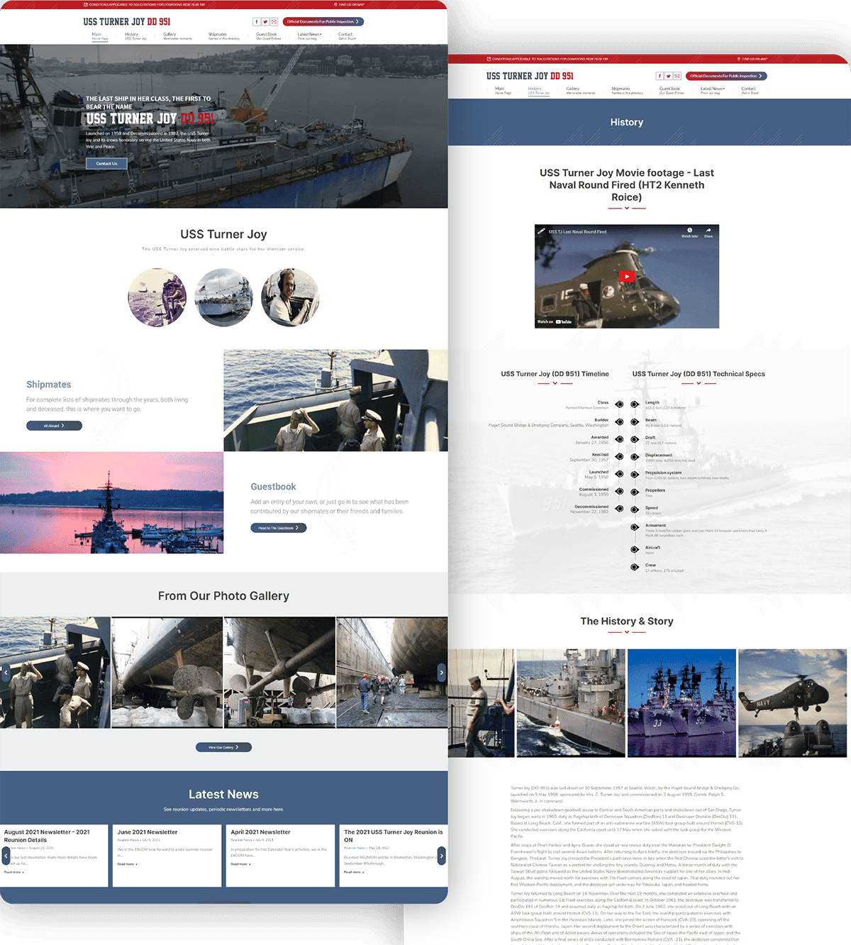 USS Turner Joy naval ship history and technical specifications webpage screenshot, highlighting WWII and Vietnam War service, with photos of the ship, crew, and memorabilia for military history enthusiasts.