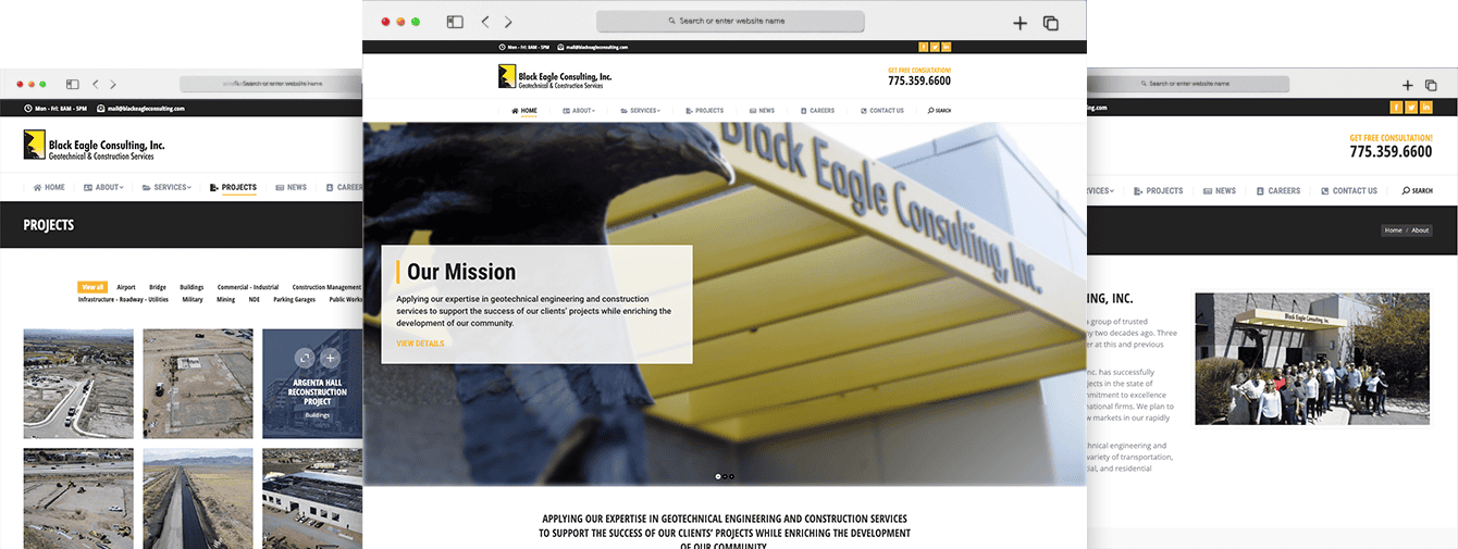 Black Eagle Consulting Inc. website homepage showcasing geotechnical engineering and construction services for community development.