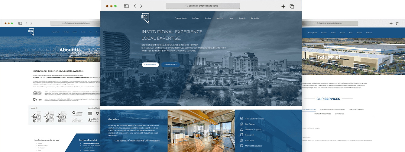 Real estate and industrial property website homepage showcasing professional design, seamless navigation, and comprehensive real estate services for clients interested in Nevada commercial real estate.