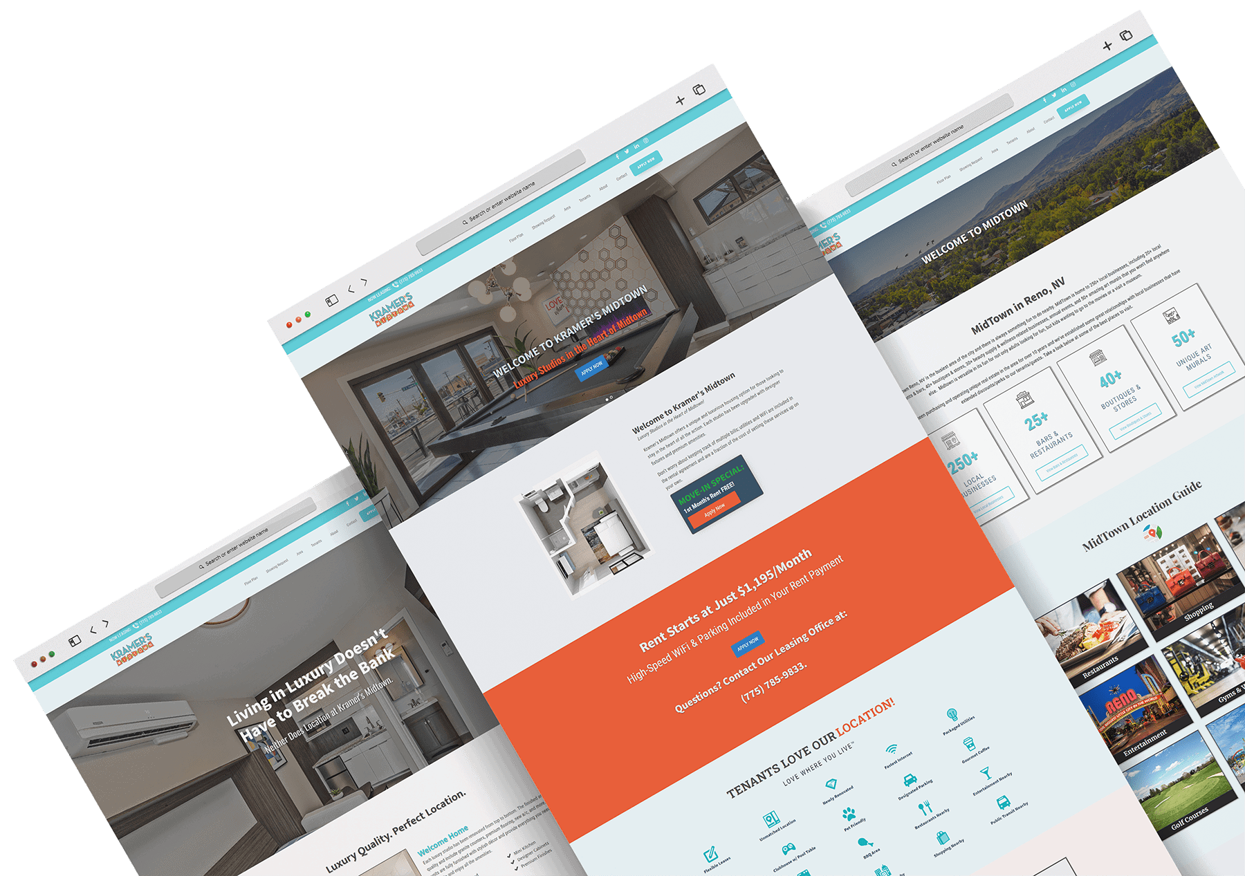 Stylish website design showcasing luxury apartments and rental properties for MidTown Reno NV, with details on amenities, location, and leasing options for prospective tenants.