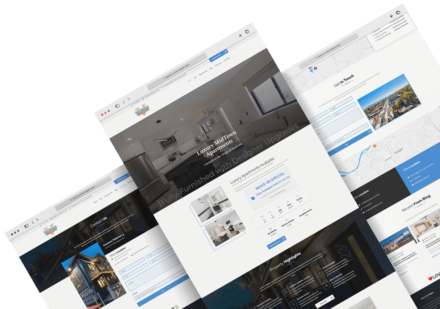 Modern luxury midtown apartments website for property marketing and leasing inquiries with property features, location maps, and contact forms for real estate marketing.