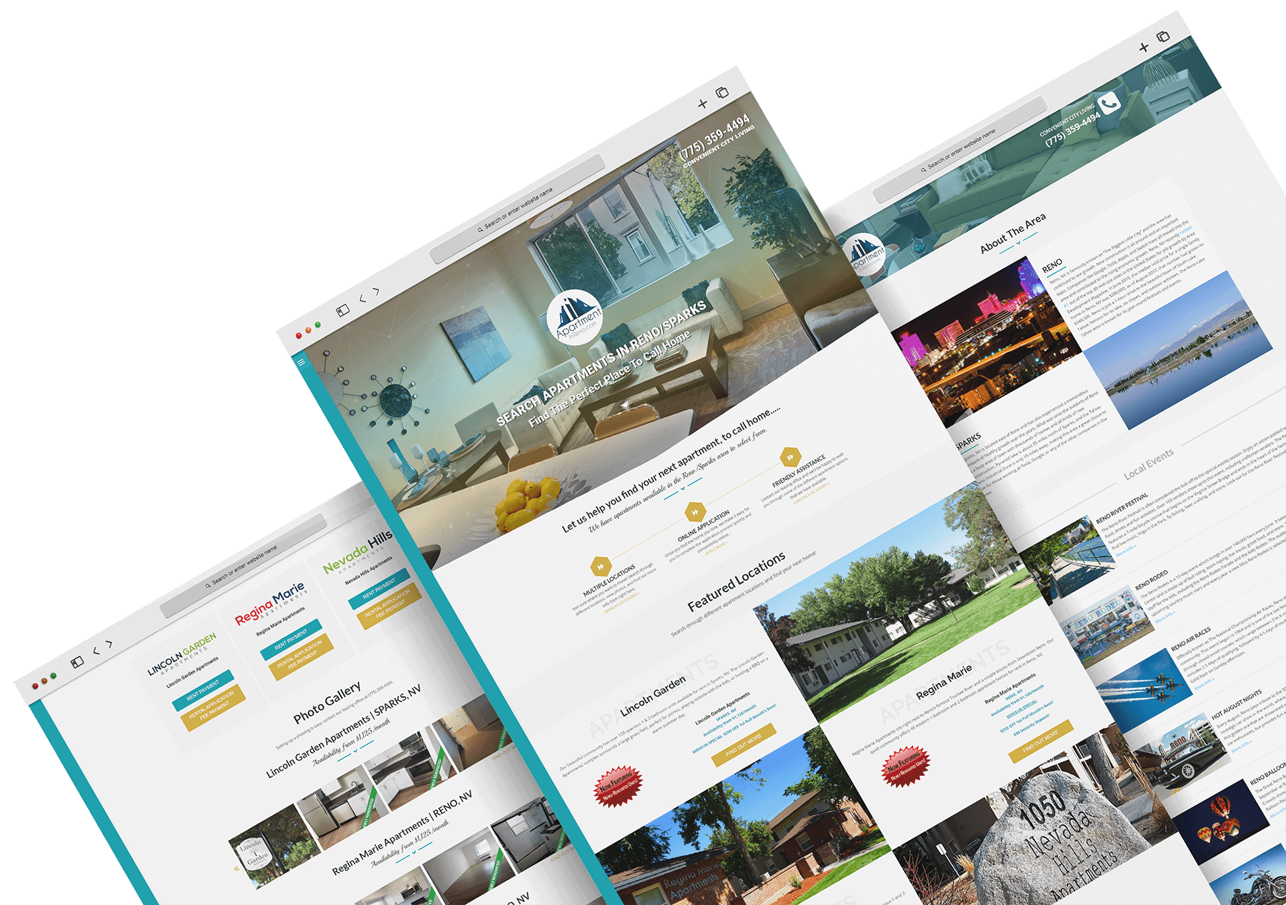 Modern apartment rental website for Reno/Sparks with property listings, neighborhood info, and online booking options.