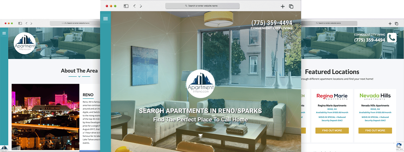 Bright, modern apartment living room with large windows, contemporary decor, and natural sunlight in Reno/Sparks, ideal for apartment search and rental listings.