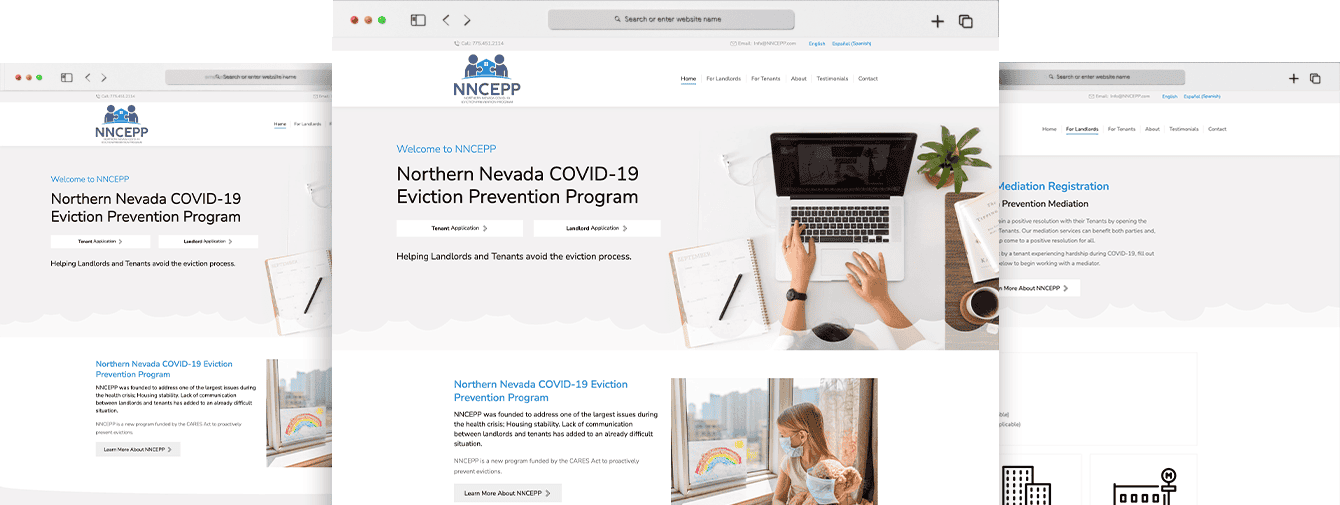 Northern Nevada COVID-19 Eviction Prevention Program homepage screenshot, showing tenant and landlord applications for eviction prevention assistance.