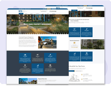 Modern multifamily property management website homepage featuring community amenities and contact information.