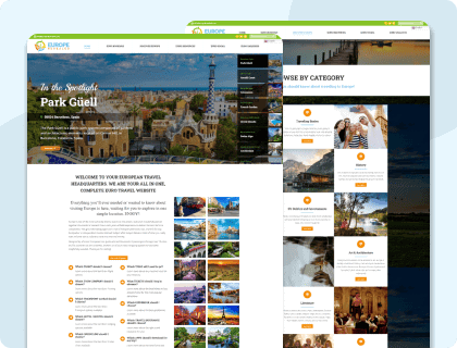 Vibrant travel website showcasing European destinations, park Gotham, and travel packages with engaging images, user-friendly design, and comprehensive travel info for visitors planning trips.