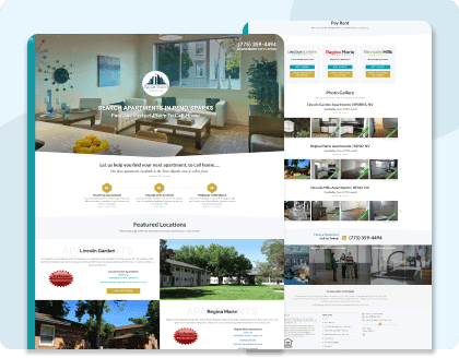 Modern apartment rental website homepage showcasing available units, location details, and contact information for property management services.
