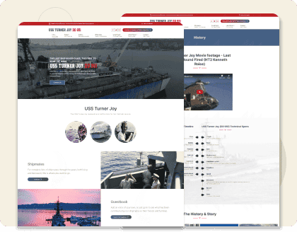 USS Turner Joy military ship website homepage with historical content and ship updates belonging to Stack Mode Marketing Group.