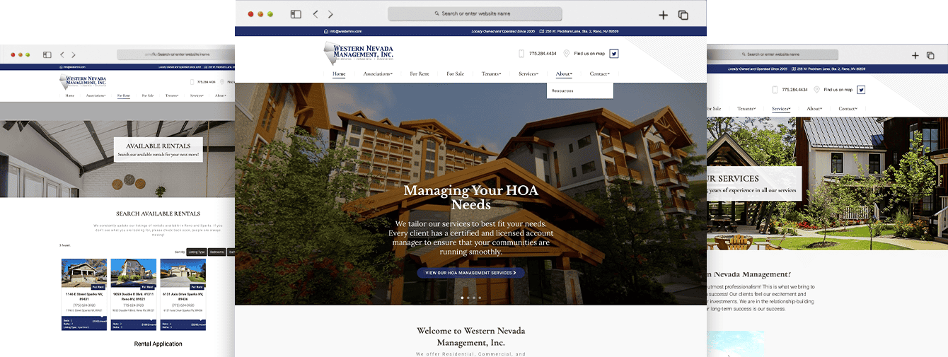 Western Nevada Management Inc. property management website homepage with modern design, showcasing HOA services, rental listings, and community management solutions for Northern Nevada properties.